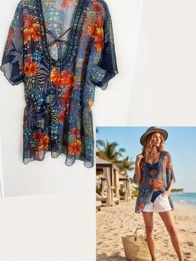 Sheer Navy Floral Beach Cover-Up Tunic